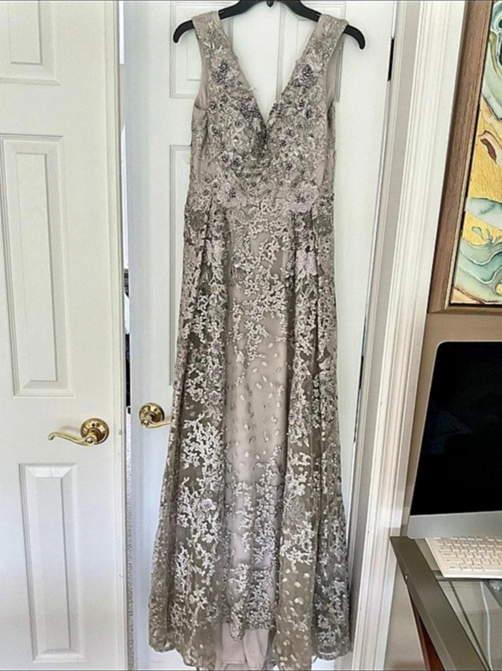 Mac Duggal Floral Lace Maxi Dress with attached outer skirt in Gray & Purple